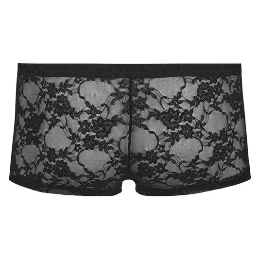 Svenjoyment lacey boxer briefs in black for men, showing the detailed floral pattern.