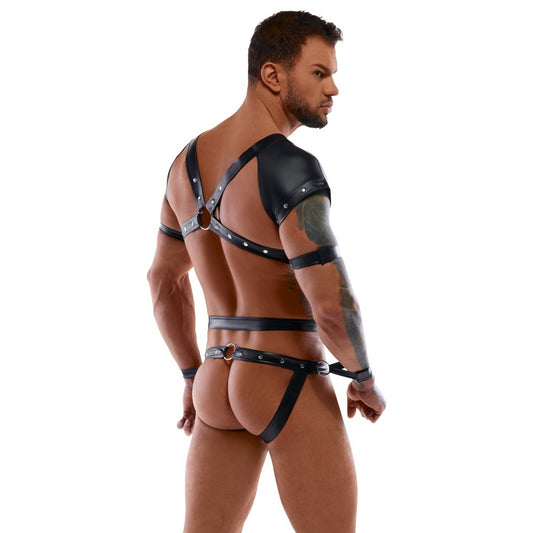 A Svenjoyment bondage restraint body for him, appearing to be made of leather or a leather-like material.