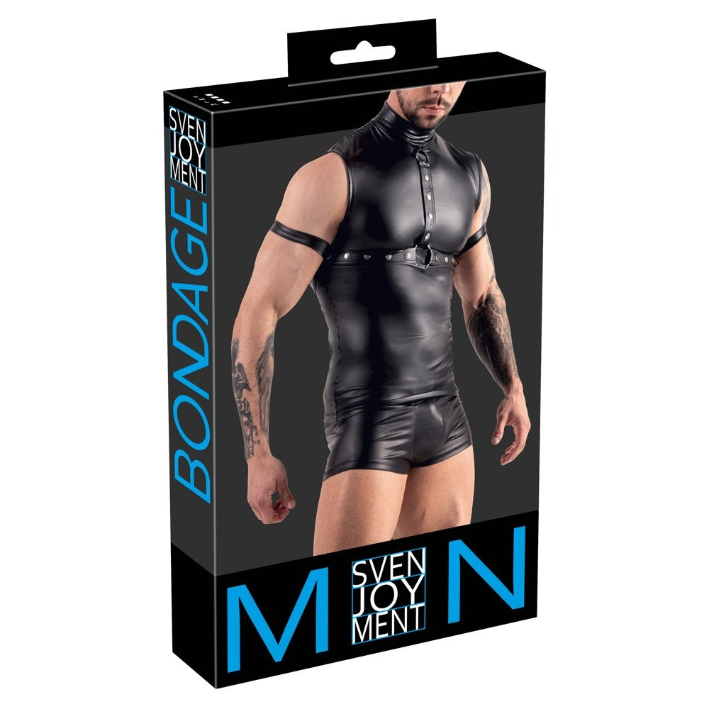 Male sleeveless top with chest harness and arm loops, offering a daring, edgy style.