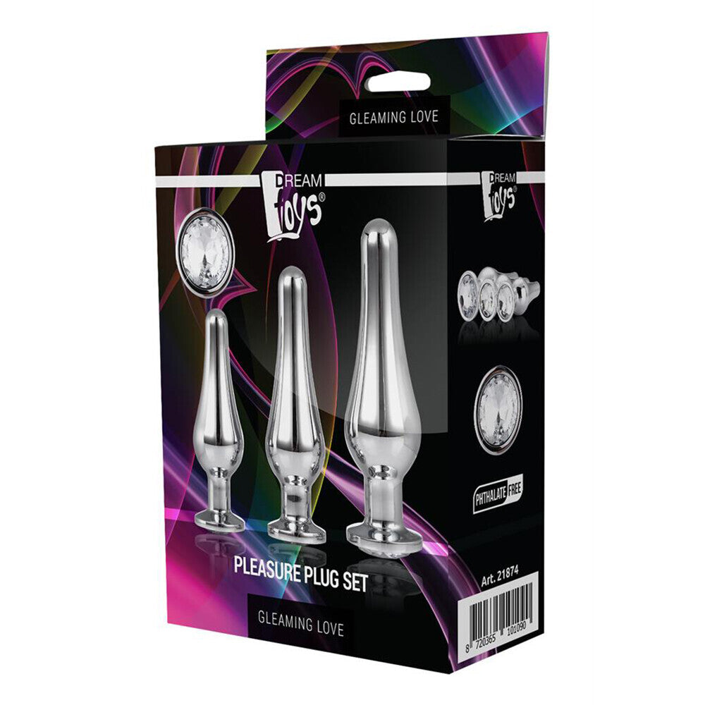 Dream Toys gleaming silver butt plug set with jewelled tips, for anal play