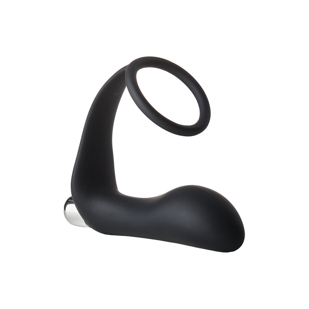 Dream Toys vibrating anal plug with cockring, made of smooth, dark grey silicone.