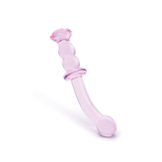 dream toys glaze glass rosebud dildo, translucent pink, with a smooth, polished finish.