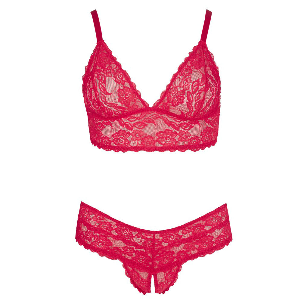 Cottelli plus size red lace bra and briefs set, detailed and seductive lingerie.