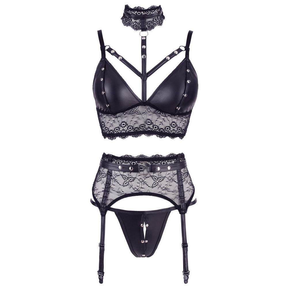 Cottelli bondage bra and panty set in black with straps and metal hardware