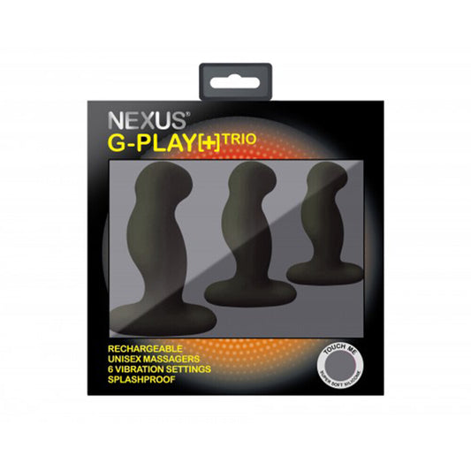 Three black silicone vibrating prostate massagers from Nexus, part of the G Play Trio set.