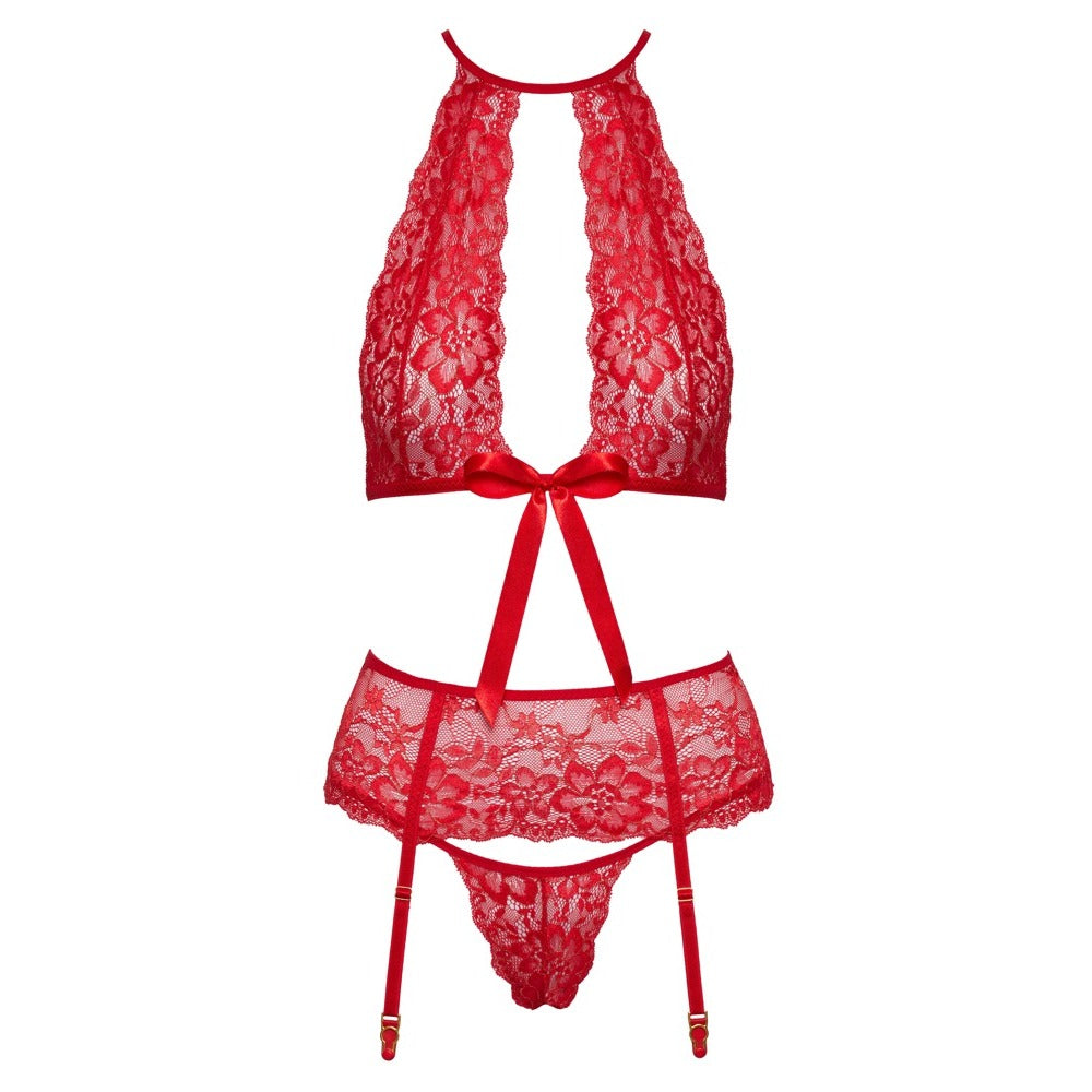 Close-up of the Kissable halterneck playsuit set in red, showcasing the fabric's texture.