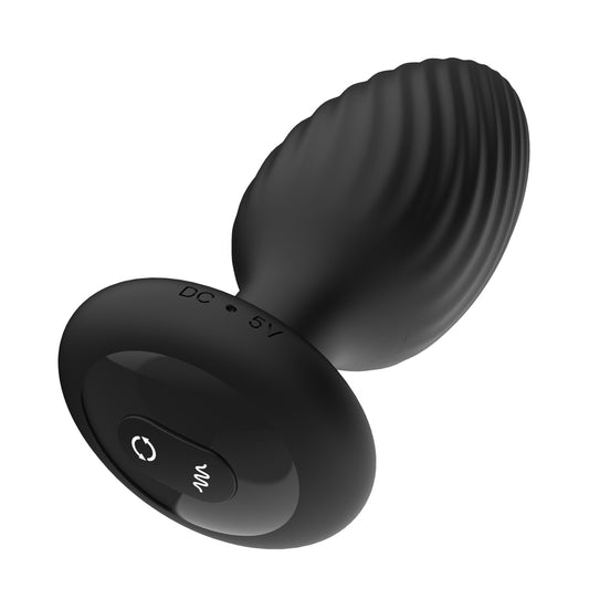 Medium rotating vibrating butt plug with remote control, a personal massager in black.