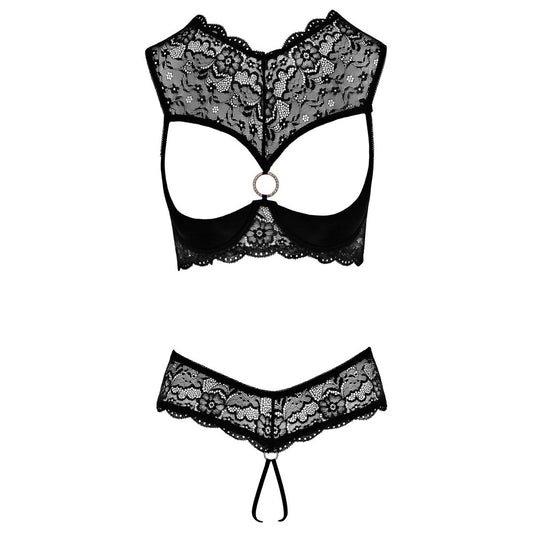 Cottelli shelf bra and string set, black fabric with delicate lace detailing, a sexy lingerie set.