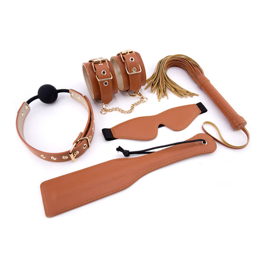 Dream Toys elite bdsm cognac-brown vegan leather set for sophisticated bondage play.