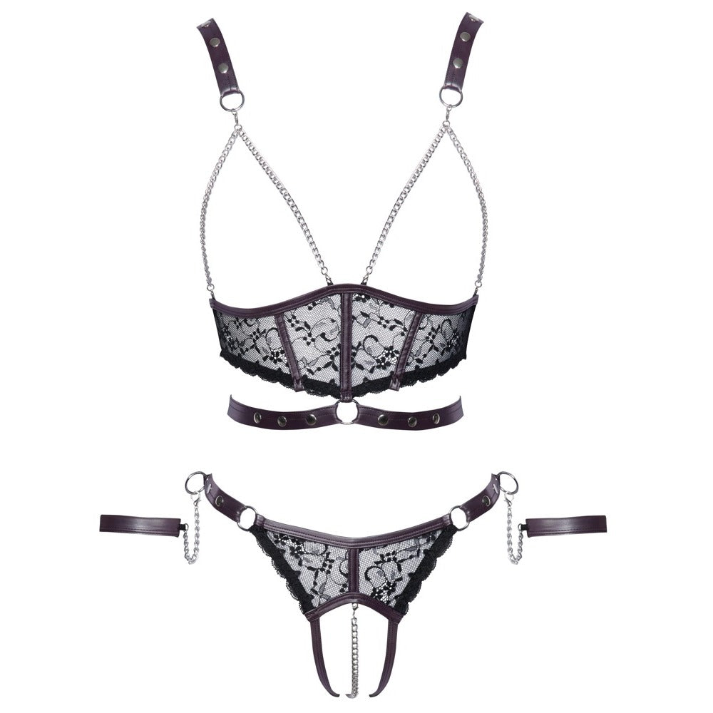Corsetti Lingerie black lace bra set with chain detailing and a crotchless design