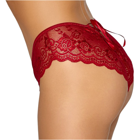 Red crotchless panty from Cottelli Collection, a daring and playful female lingerie item.