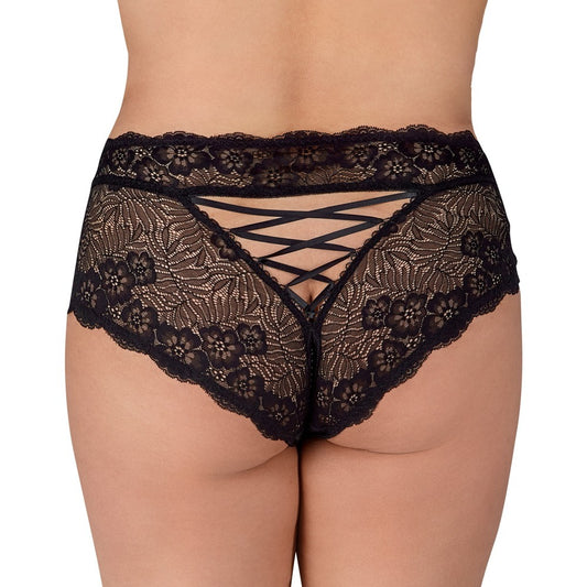 Cottelli Curves black panties featuring a delicate pearl chain detail, perfect for adding allure.