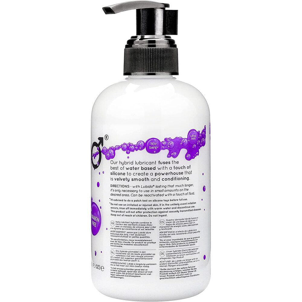 Lubido hybrid lubricant in a clear bottle. Water-based, paraben-free formula for enhanced pleasure.