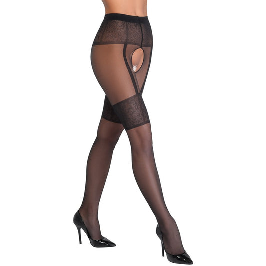 Cottelli Collection crotchless stockings, sheer black tights with a daring open gusset detail.