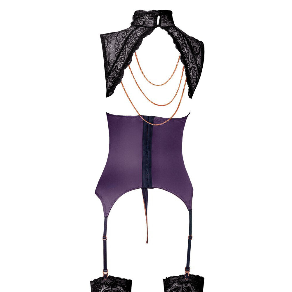 Abierta Fina black basque and crotchless lingerie set featuring delicate chains, a seductive and stylish look.