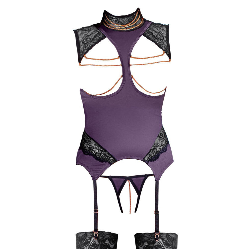Abierta Fina black basque and crotchless set with delicate chain detailing, a sultry lingerie look.