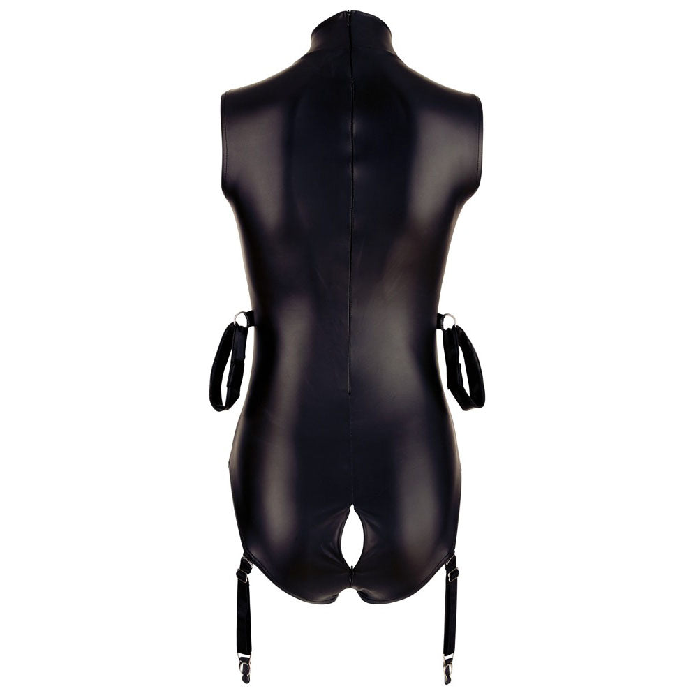 corsetti lingerie bondage body: black bodysuit with cut-out sections and adjustable straps.