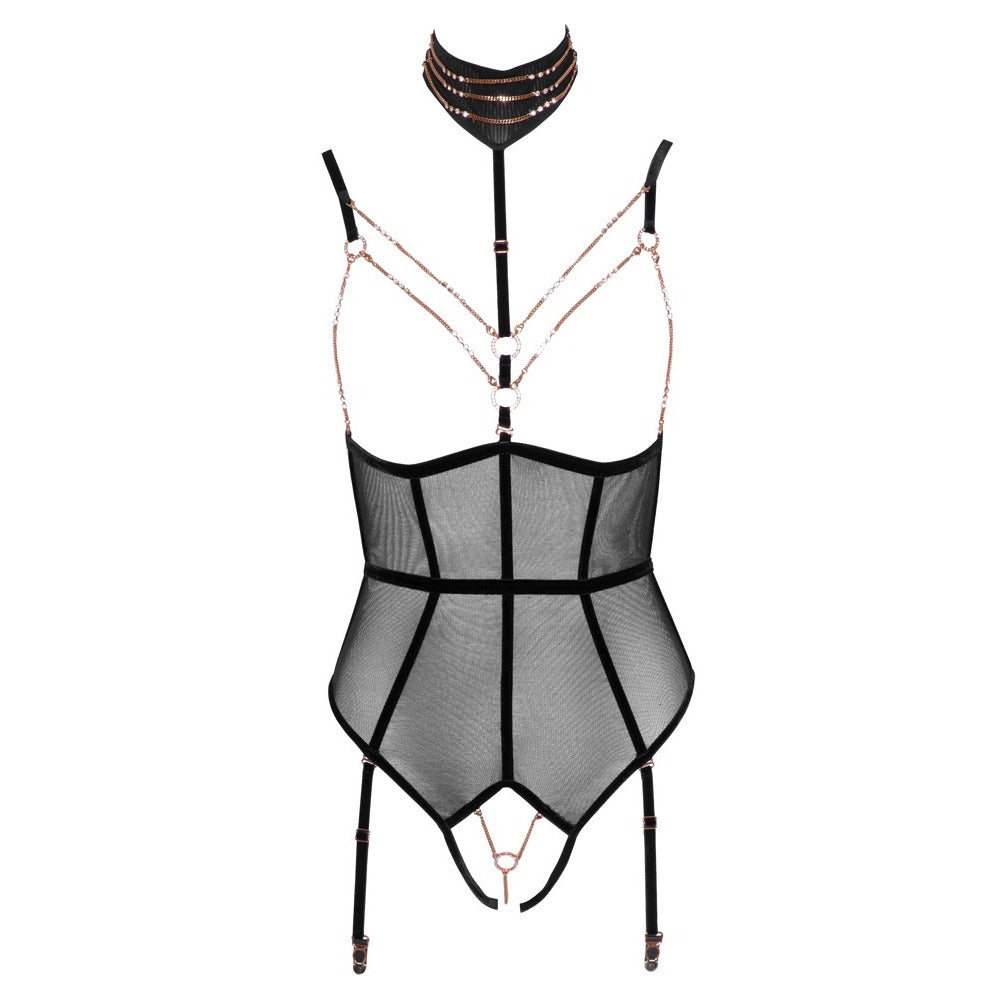 Abierta Fina body with delicate silver chains, perfect for layering or wearing alone.