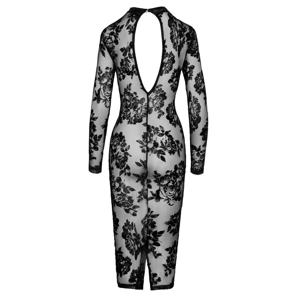 Noir floral dress, tight fitting and transparent, a stylish chemise for evening wear.