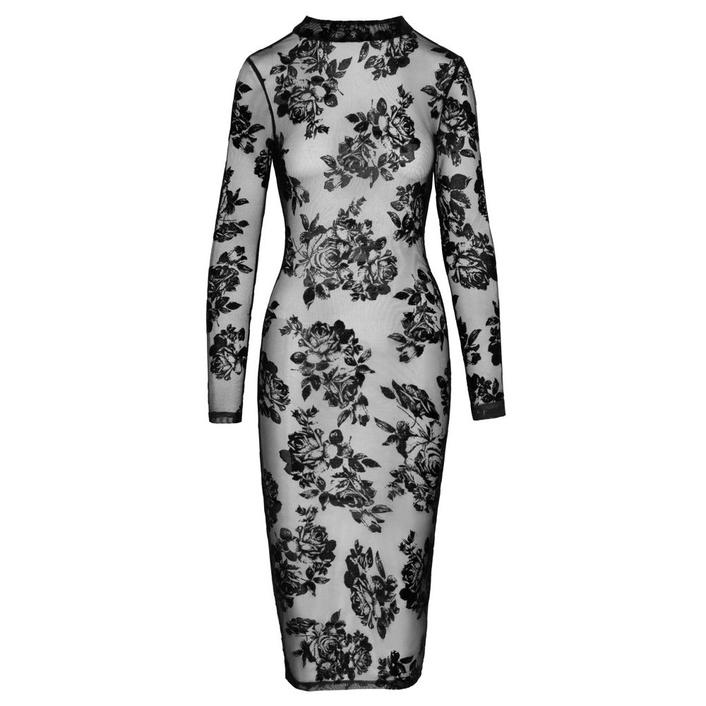 Noir tight-fitting floral dress with a see-through, transparent finish, perfect for evening wear.