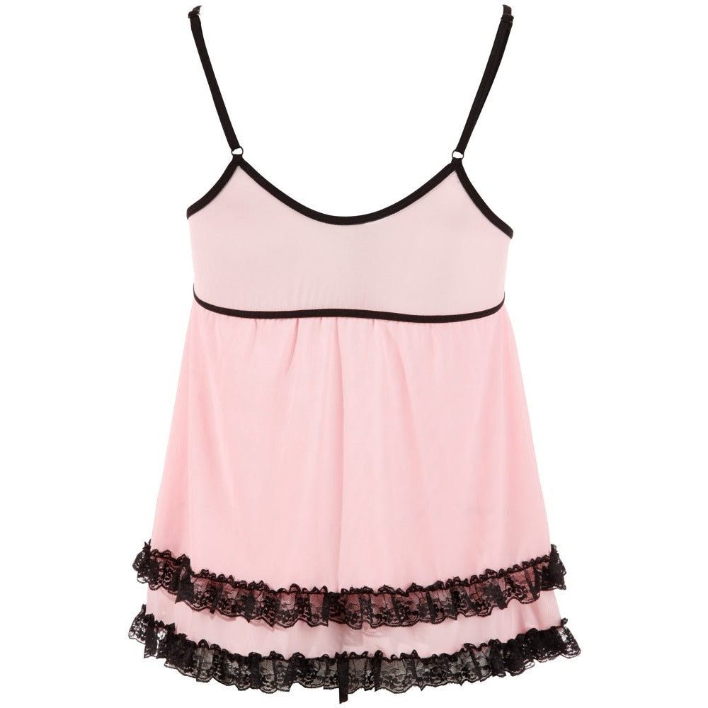 Cottelli Collection babydoll and thong lingerie set in delicate, sheer fabric with lace trim.