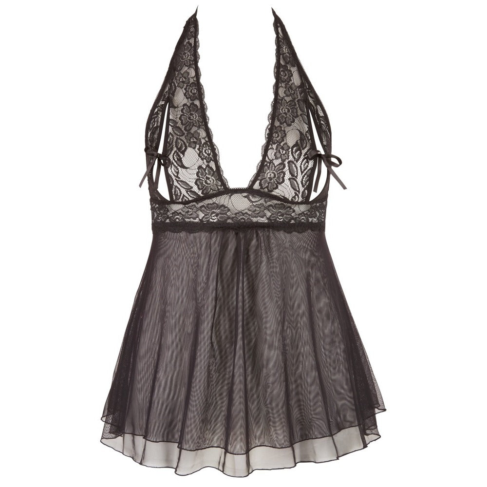 Plus size black halter neck babydoll negligee from Cottelli Collection, with delicate detailing.