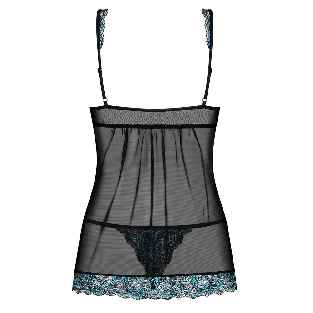 Obsessive black babydoll with an open front and matching string, for a seductive look.