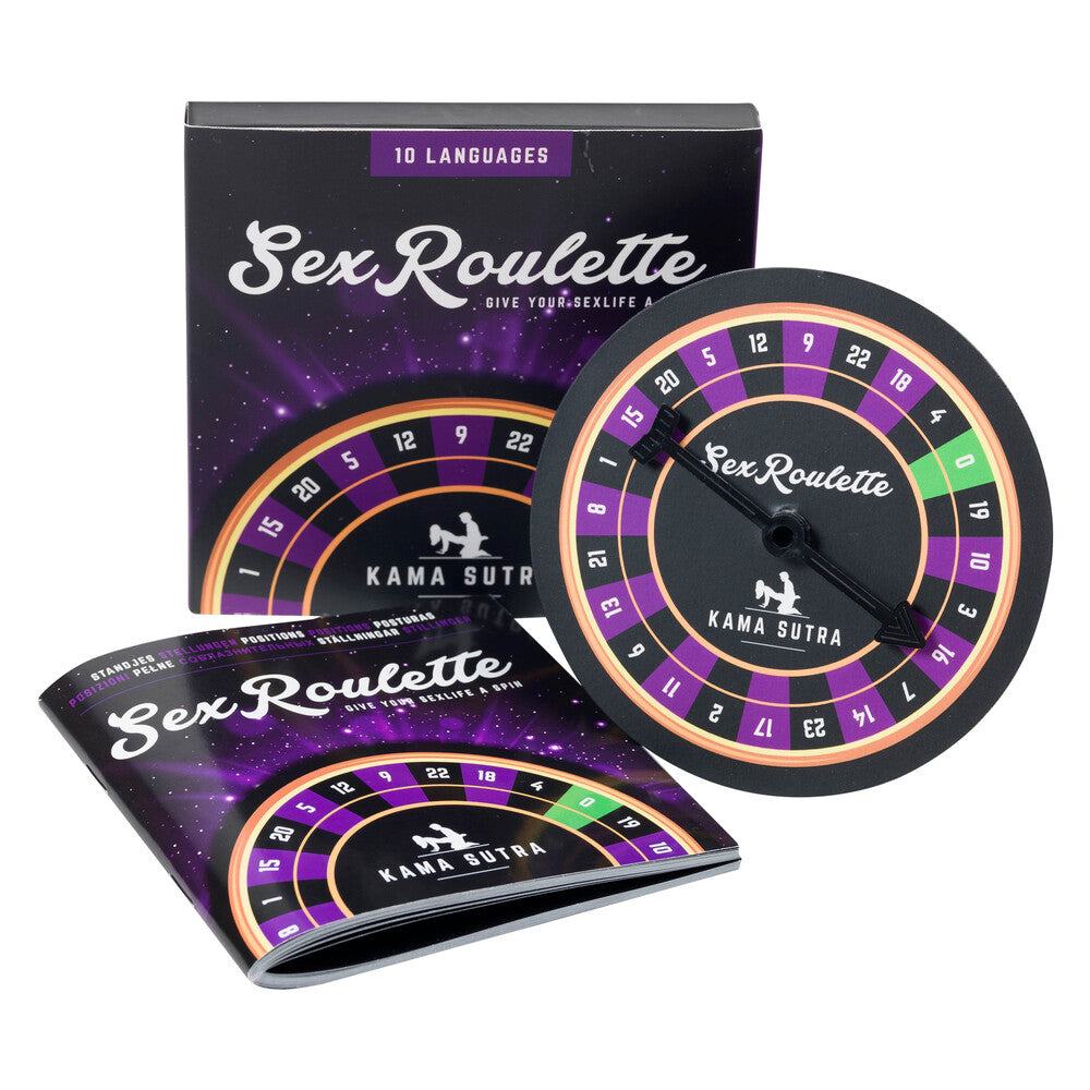 Tease and Please Kama Sutra Sex Roulette game with suggestive poses on a wheel.