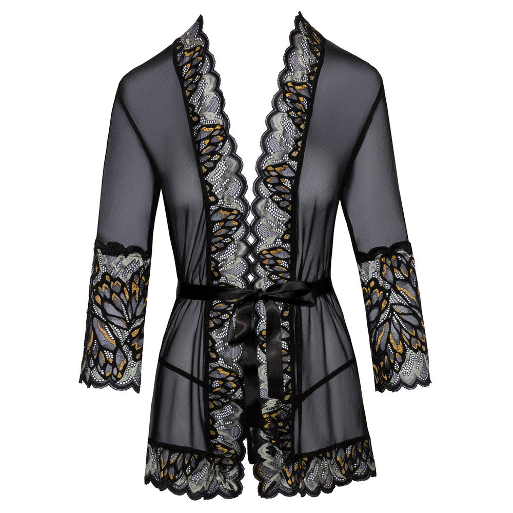Kissable lace kimono, a delicate chemise in a soft, sheer fabric with intricate detailing.