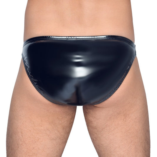 Black vinyl briefs with a zip, a sleek and modern choice for the discerning gent.