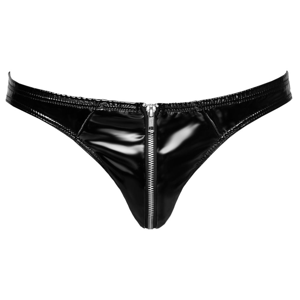 Close-up of black vinyl briefs with a prominent zip, for a bold look.