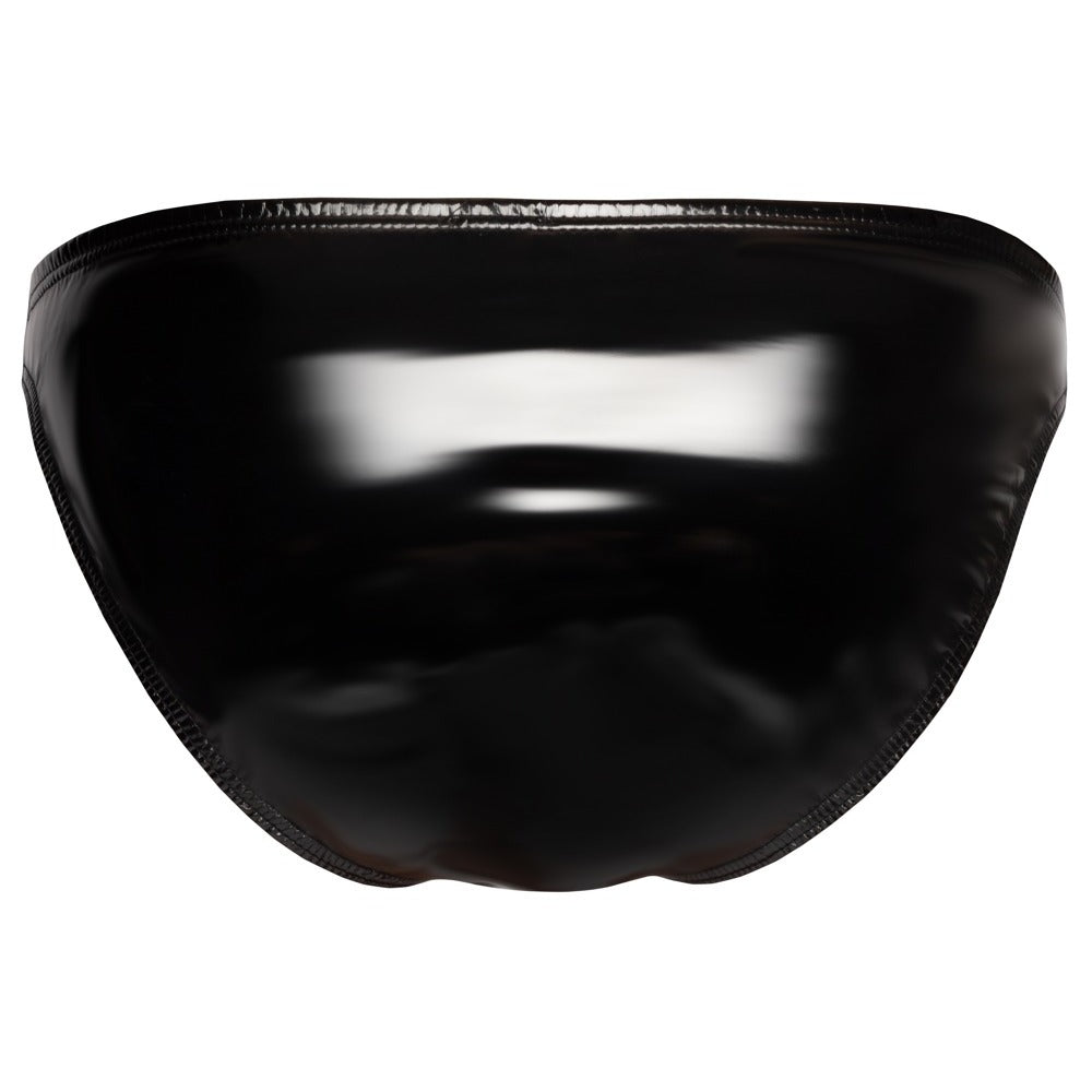 Black vinyl briefs with a zip detail, a sleek and stylish choice for men.