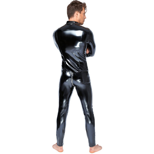 A bloke sports a black vinyl jumpsuit with a prominent front zip, styled fashionably.