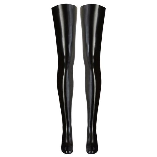 Pair of sleek, black latex stockings for women, offering a shiny and seductive look.