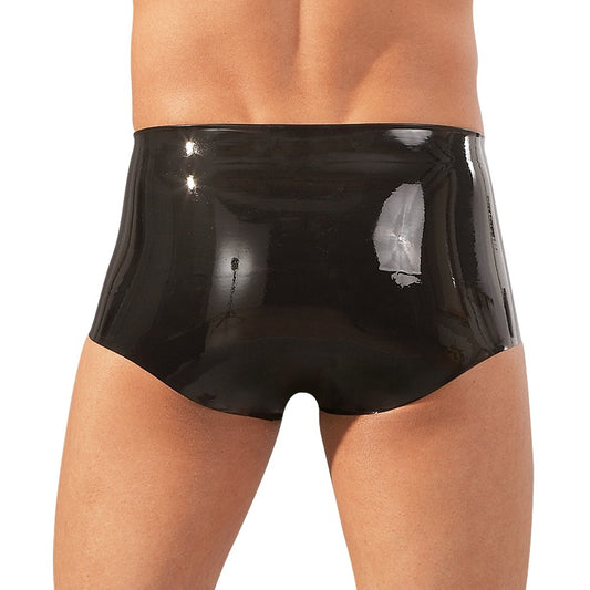 black latex boxers with a prominent penis sleeve, male fashion from the late x