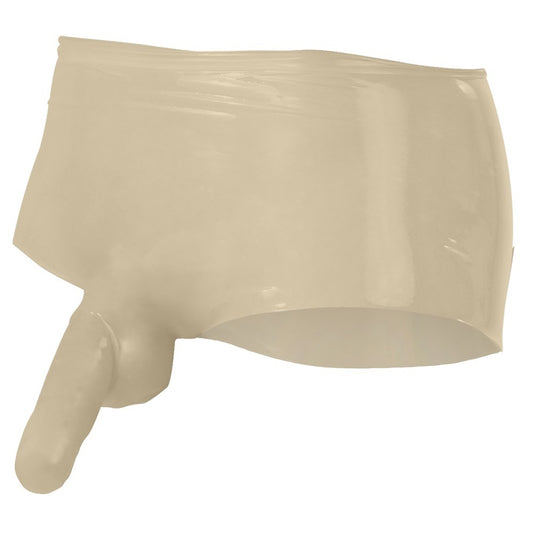 Clear latex boxers with a fitted penis sleeve, male underwear showing the translucent material.