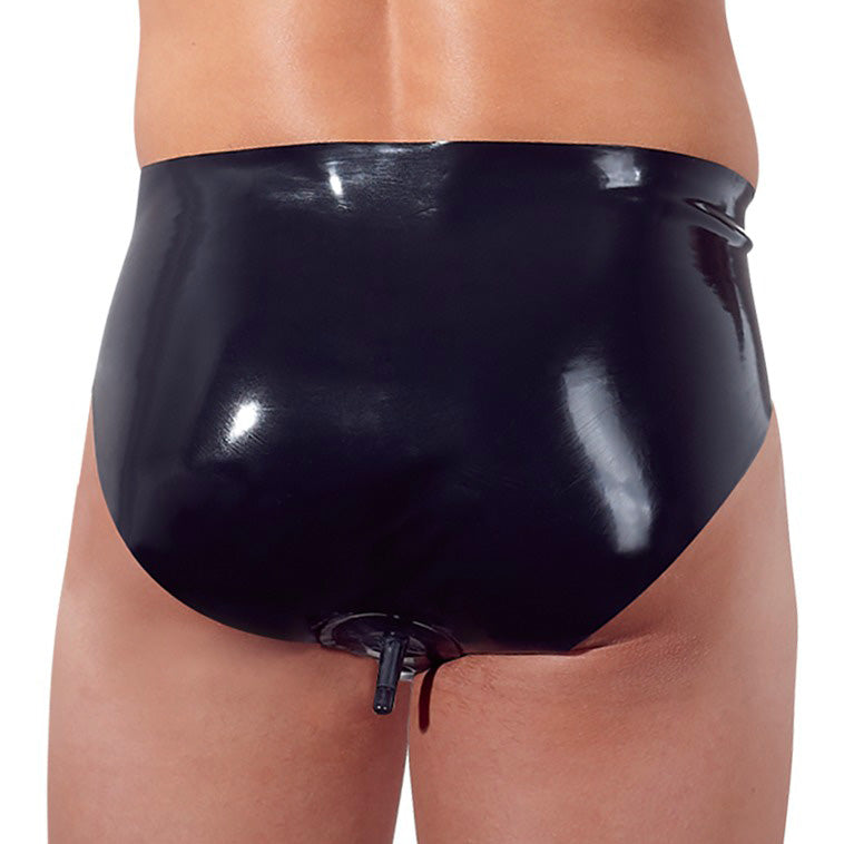 Latex briefs with an attached anal plug, a shiny black delight for the discerning gentleman.