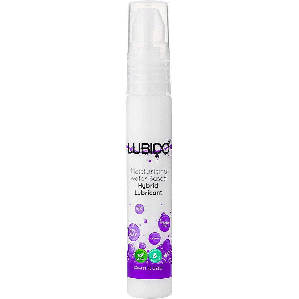 Lubido hybrid lubricant in a clear bottle, a water-based formula for enhanced pleasure.
