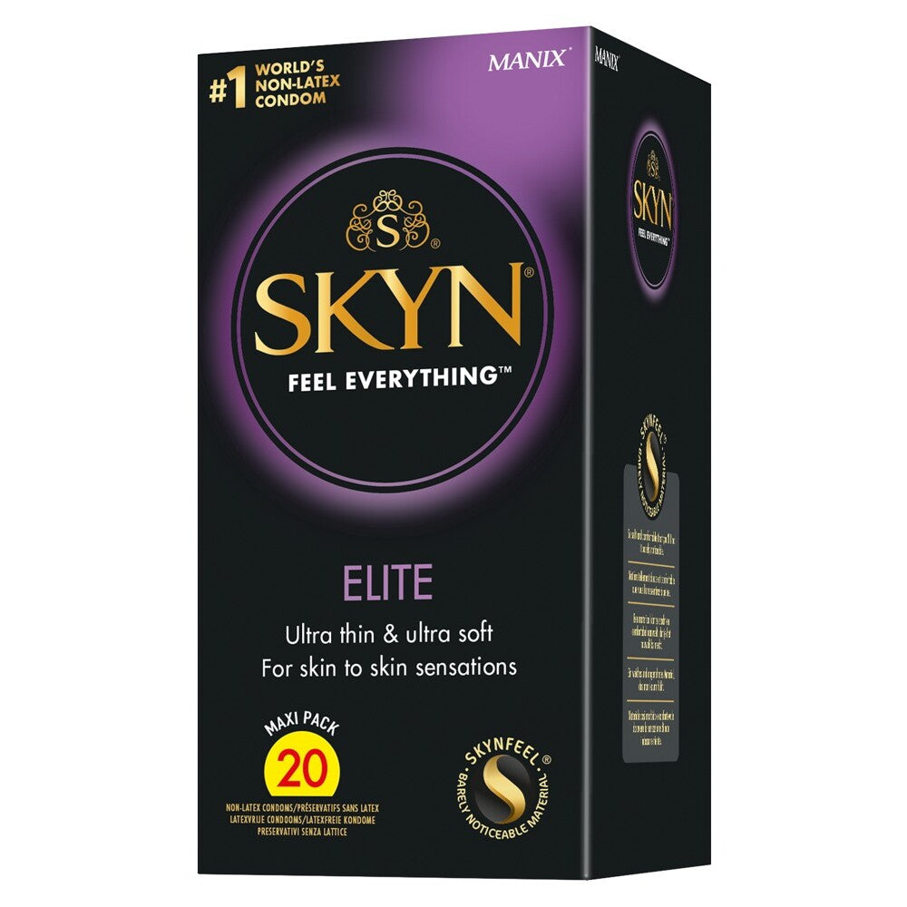 skyn elite condoms in a pack of twenty, ultra thin, latex-free protection