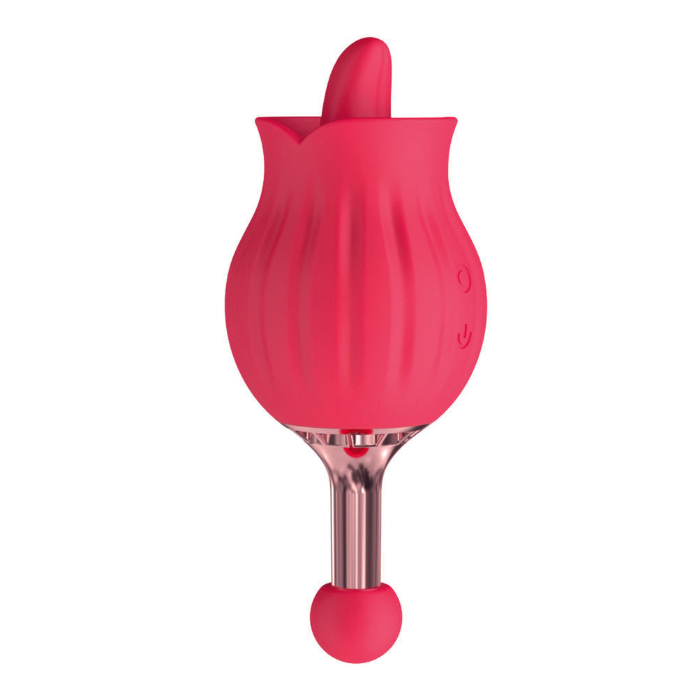 Rose-coloured, rechargeable dual massager for clitoral stimulation, shaped like a rose bud, from Nasswalk Toys.
