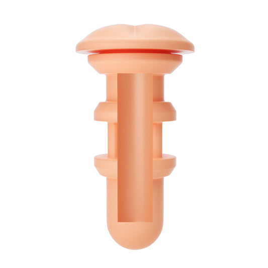 autoblow a.i. reusable anus sleeve, flesh-toned silicone with ribbed texture, for vibrating masturbators.