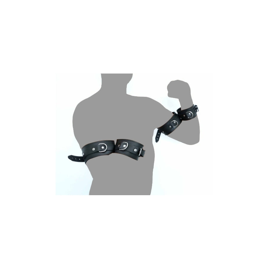 The Red's red leather wrist and forearm restraints, a pair of sturdy bondage handcuffs.