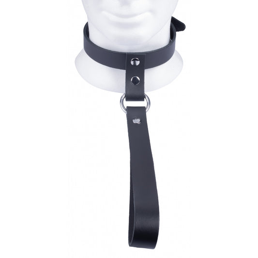 red leather dog collar with a short, matching lead attached, by the vendor.