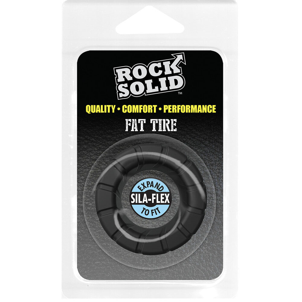 Close-up of a chunky, dark grey cock ring with a textured, robust design for pleasure.