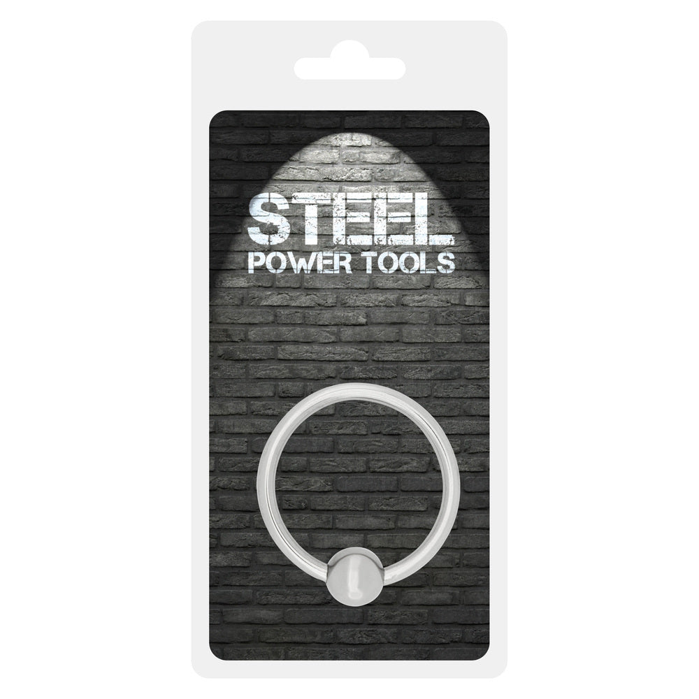 A silver-coloured, 30mm steel acorn penis ring from steel power tools, used for bondage play.