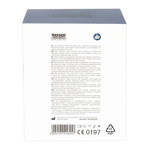 A box of Secura Kondome Blue Pearl condoms, ribbed for extra stimulation and warming effect.