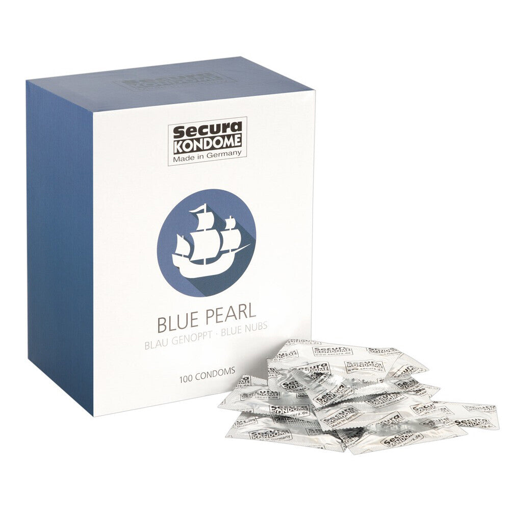 Secura Kondome Blue Pearl condoms, ribbed for extra stimulation and warmth, pack of 100.