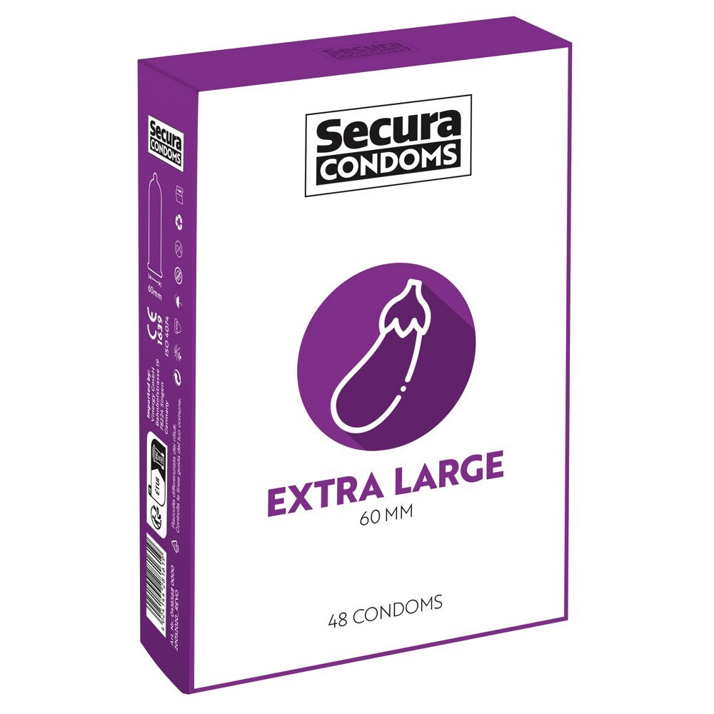 Secura Kondome box of 48 extra large condoms, red and white packaging.