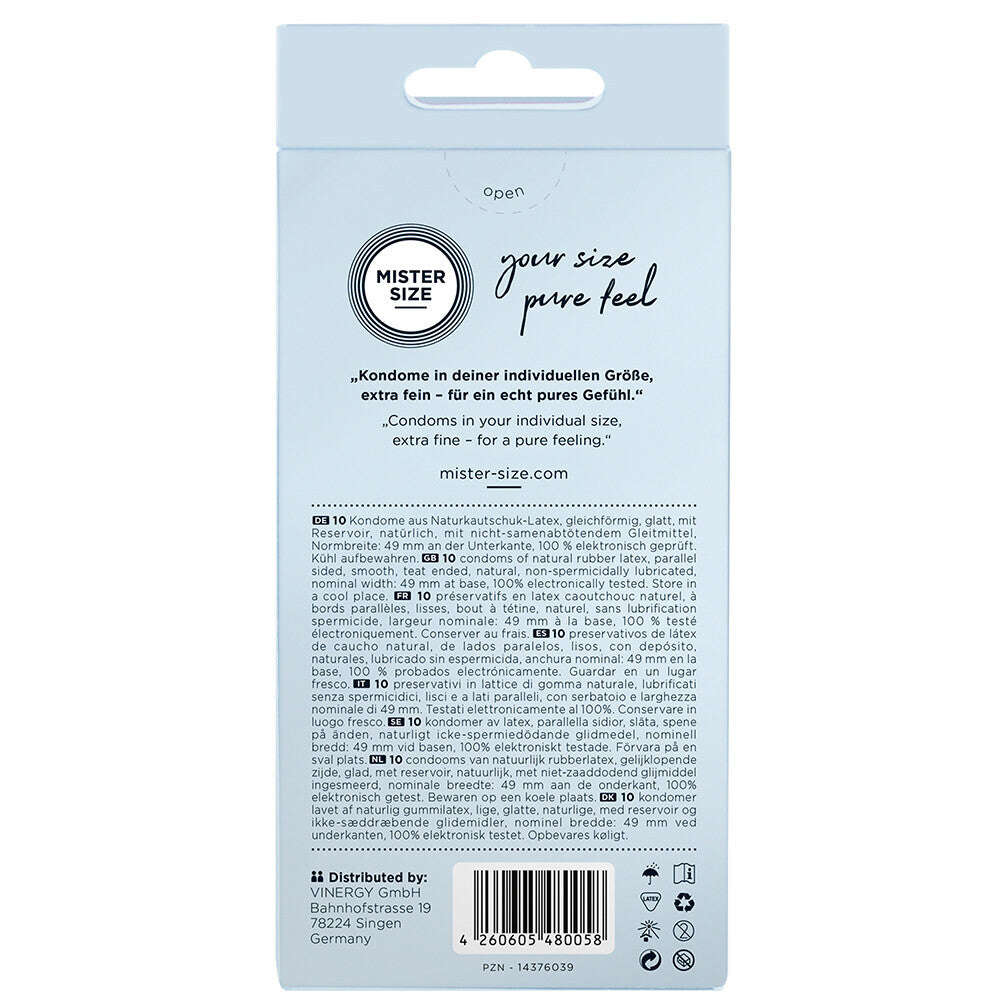 mister size 49mm condoms: a ten pack of regular, natural feeling protection.