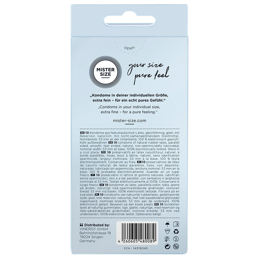 mister size 53mm condoms ten pack, natural rubber latex, regular fit for comfort